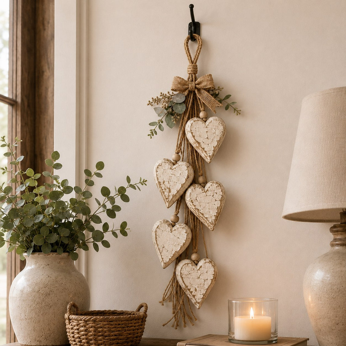 The Heart Garland — Lit Wooden Hearts on Jute — 2