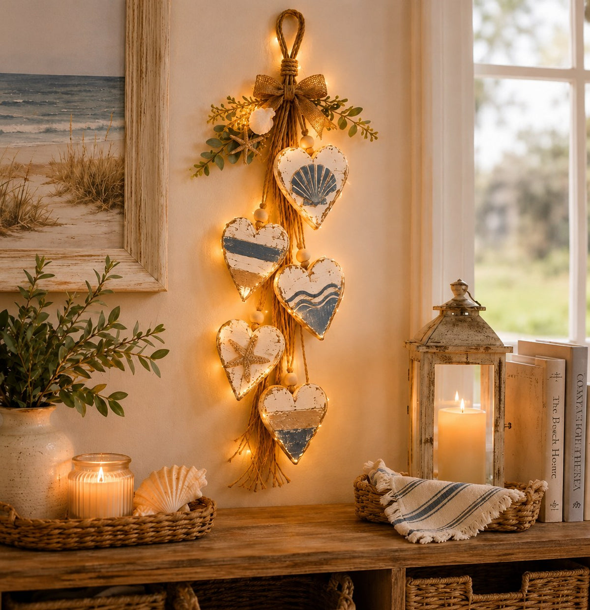 The Heart Garland — Lit Wooden Hearts on Jute — 7