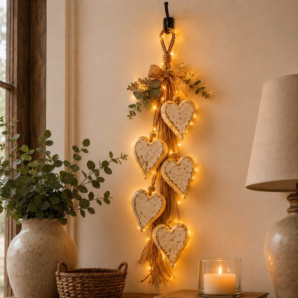 The Heart Garland — Lit Wooden Hearts on Jute — 1