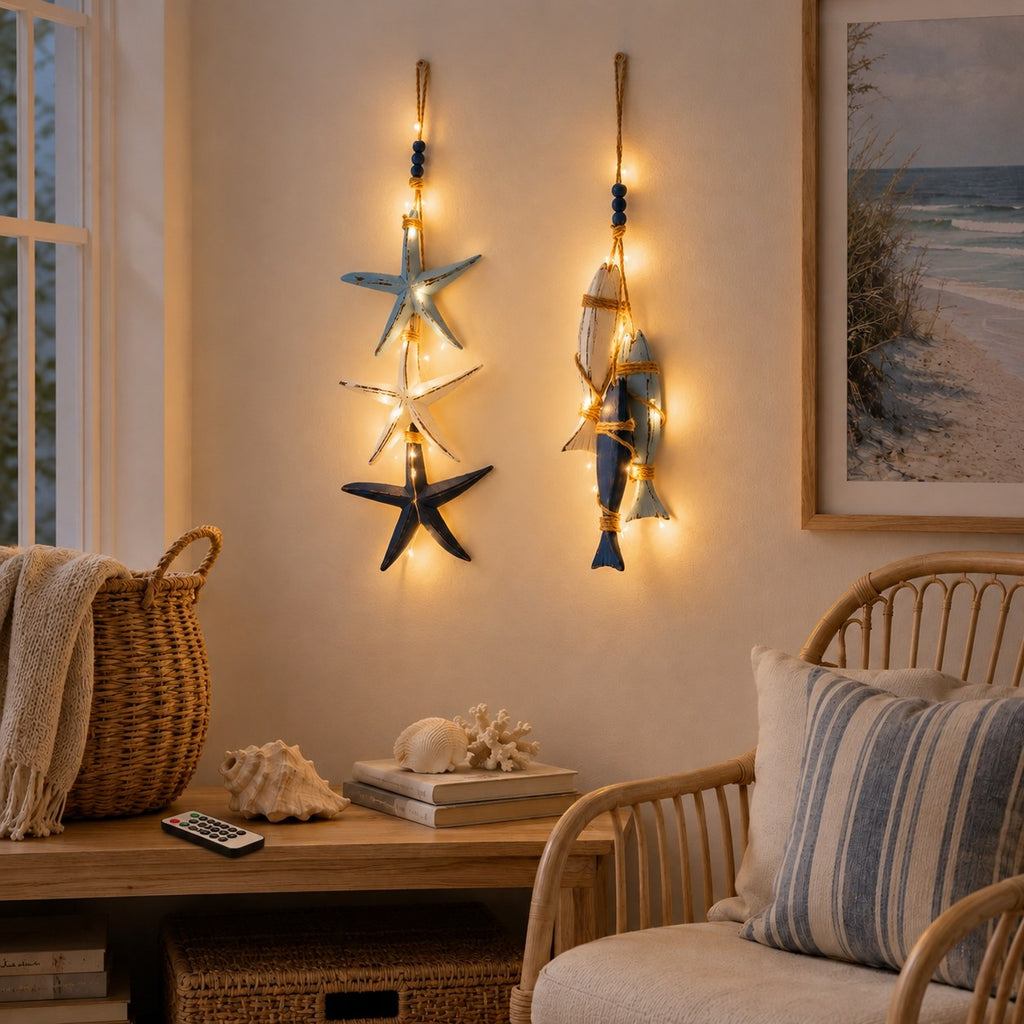 The Porch — Coastal Garland (both) + 2 Flame Lanterns + Solar Torch pair — 1