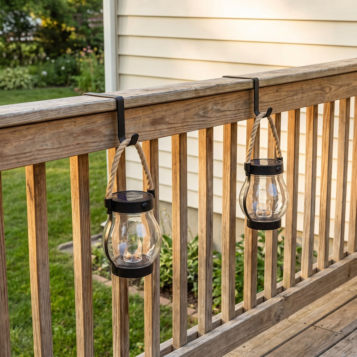 The Rail — Two Solar Flame Lanterns with Over-the-Rail Hooks — 2