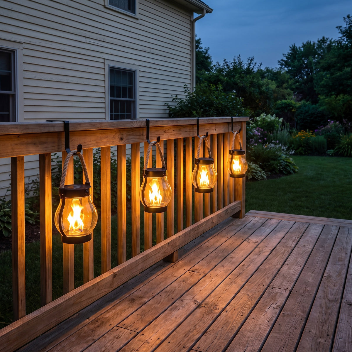 The Rail — Two Solar Flame Lanterns with Over-the-Rail Hooks — 3