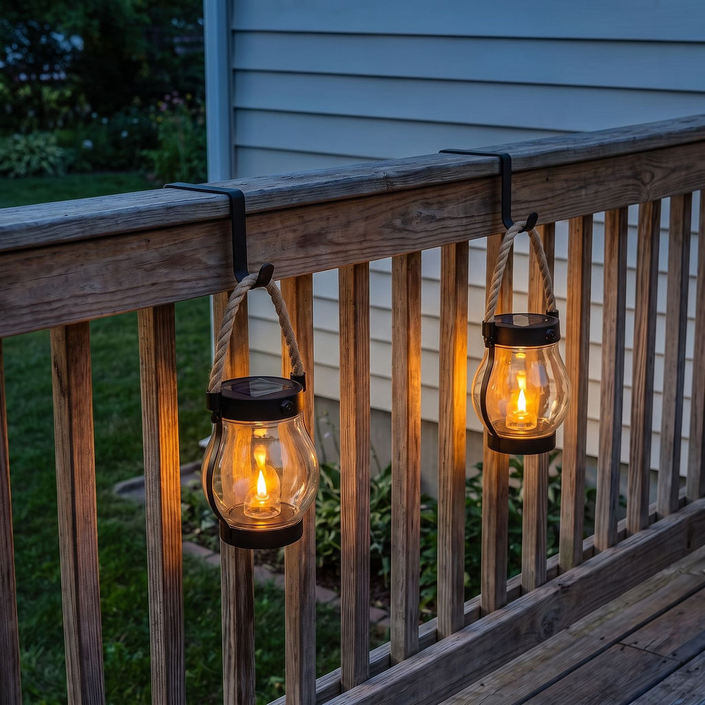 The Rail — Two Solar Flame Lanterns with Over-the-Rail Hooks — 1