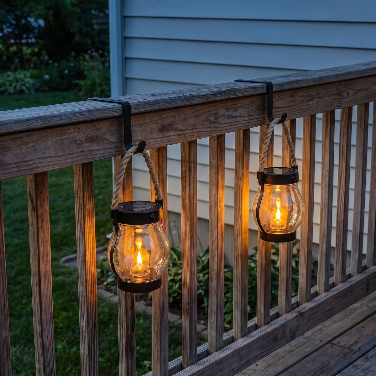 The Rail — Two Solar Flame Lanterns with Over-the-Rail Hooks — 1