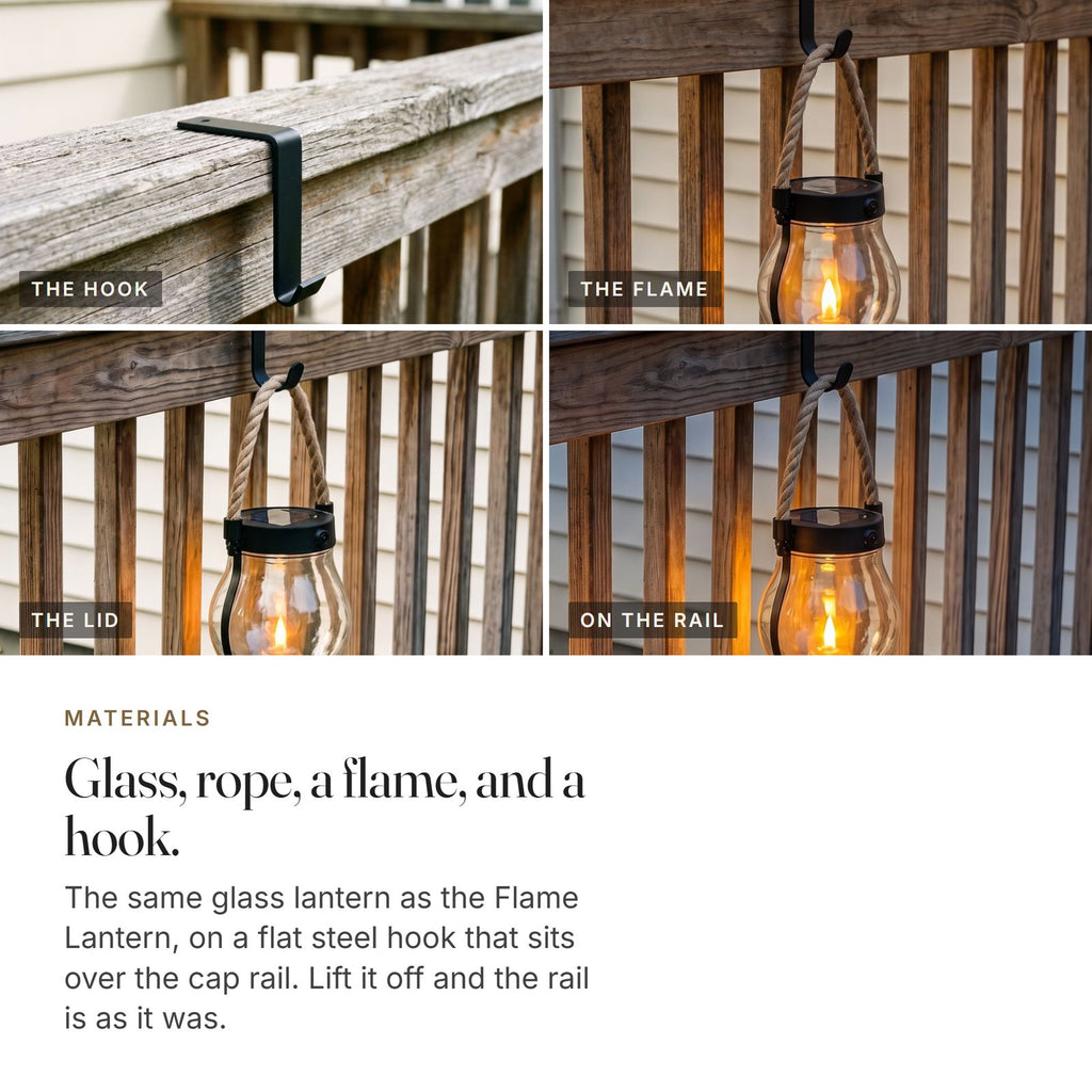 The Rail — Two Solar Flame Lanterns with Over-the-Rail Hooks — 6