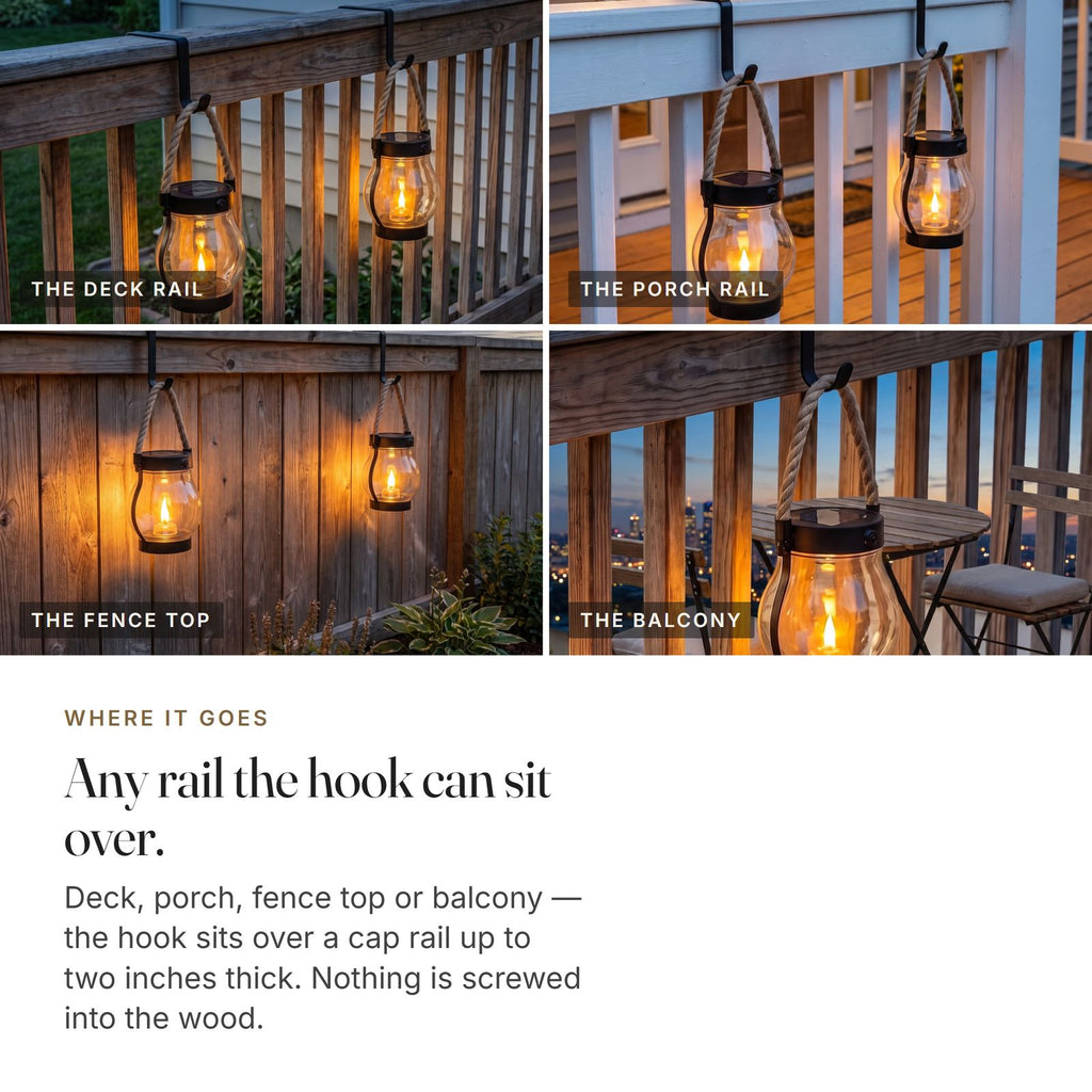 The Rail — Two Solar Flame Lanterns with Over-the-Rail Hooks — 7