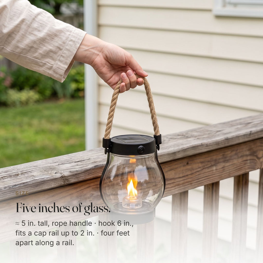 The Rail — Two Solar Flame Lanterns with Over-the-Rail Hooks — 8