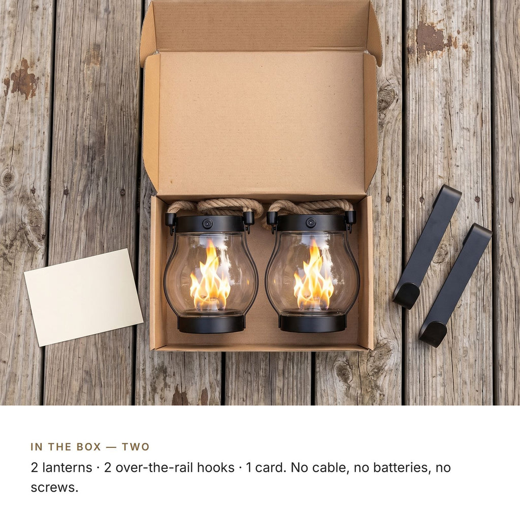 The Rail — Two Solar Flame Lanterns with Over-the-Rail Hooks — 9