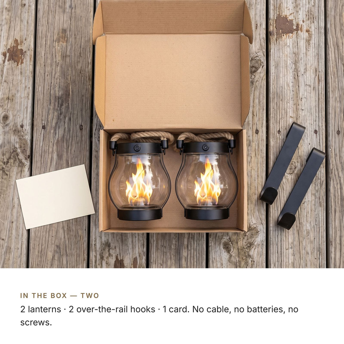 The Rail — Two Solar Flame Lanterns with Over-the-Rail Hooks — 9